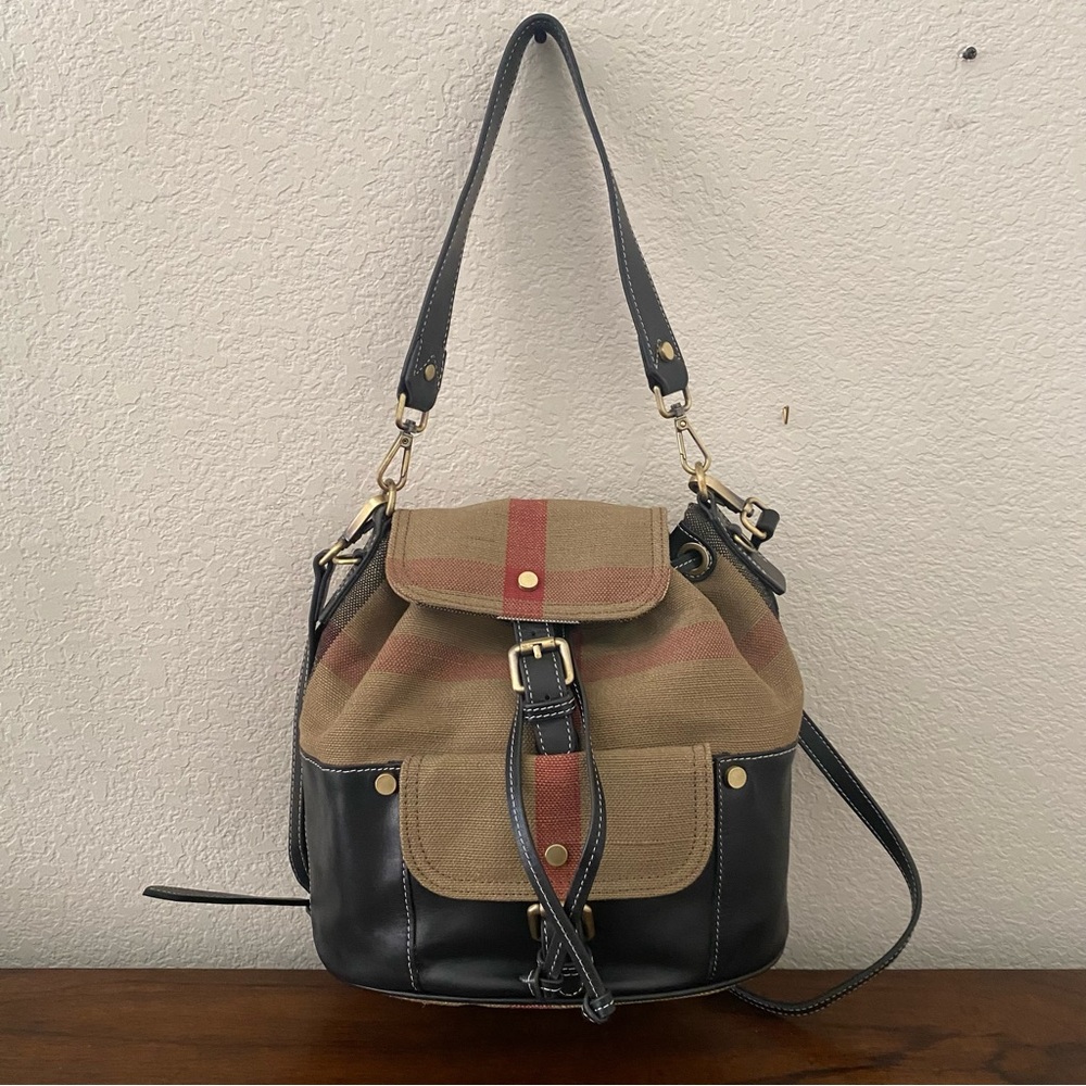 Black Leather Canvas Nova Check Plaid Bucket Crossbody Bag Drawstring Satchel